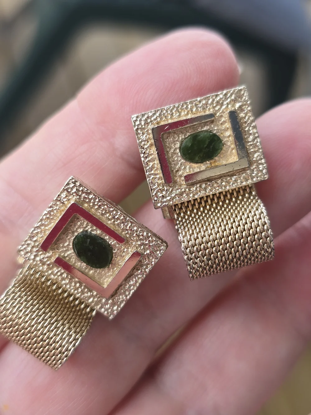 Gold Tone Mens Cuff Links w/ Green Oval Cabochons Gemstones